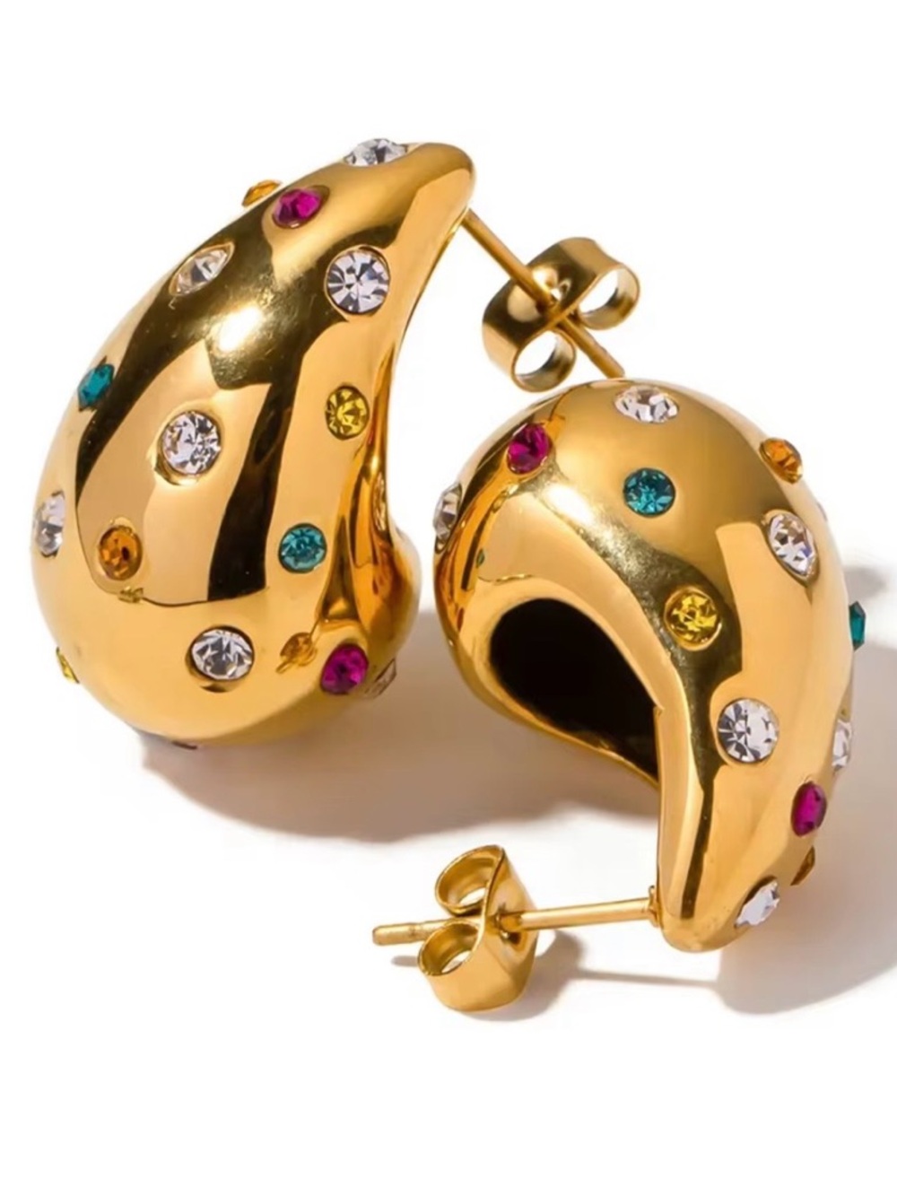 Gold Multicolor Crystal Teardrop Hoop Earrings 
Stainless Steel
Waterproof